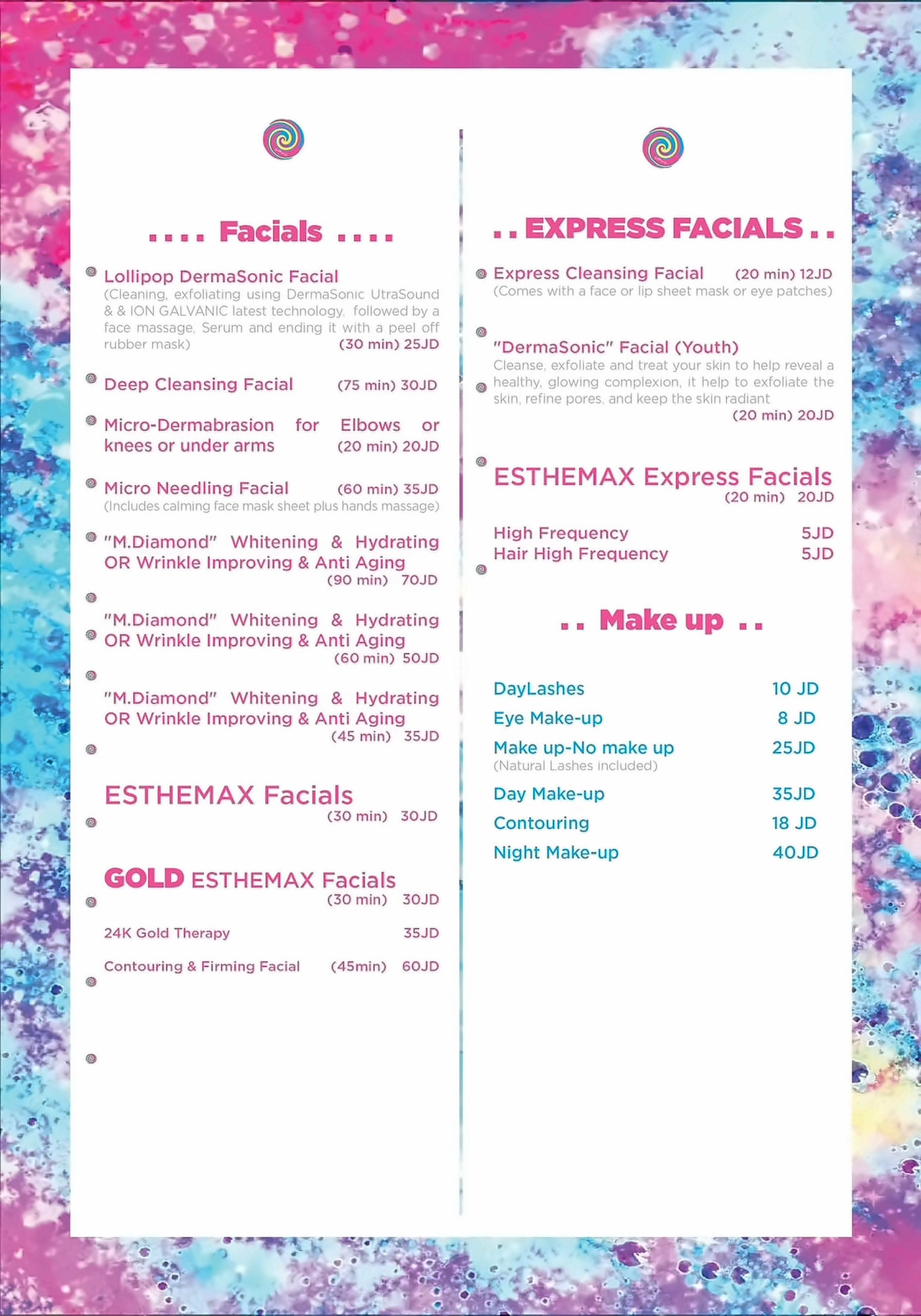 Lollipop menu: Facials, Express Facials and Make up