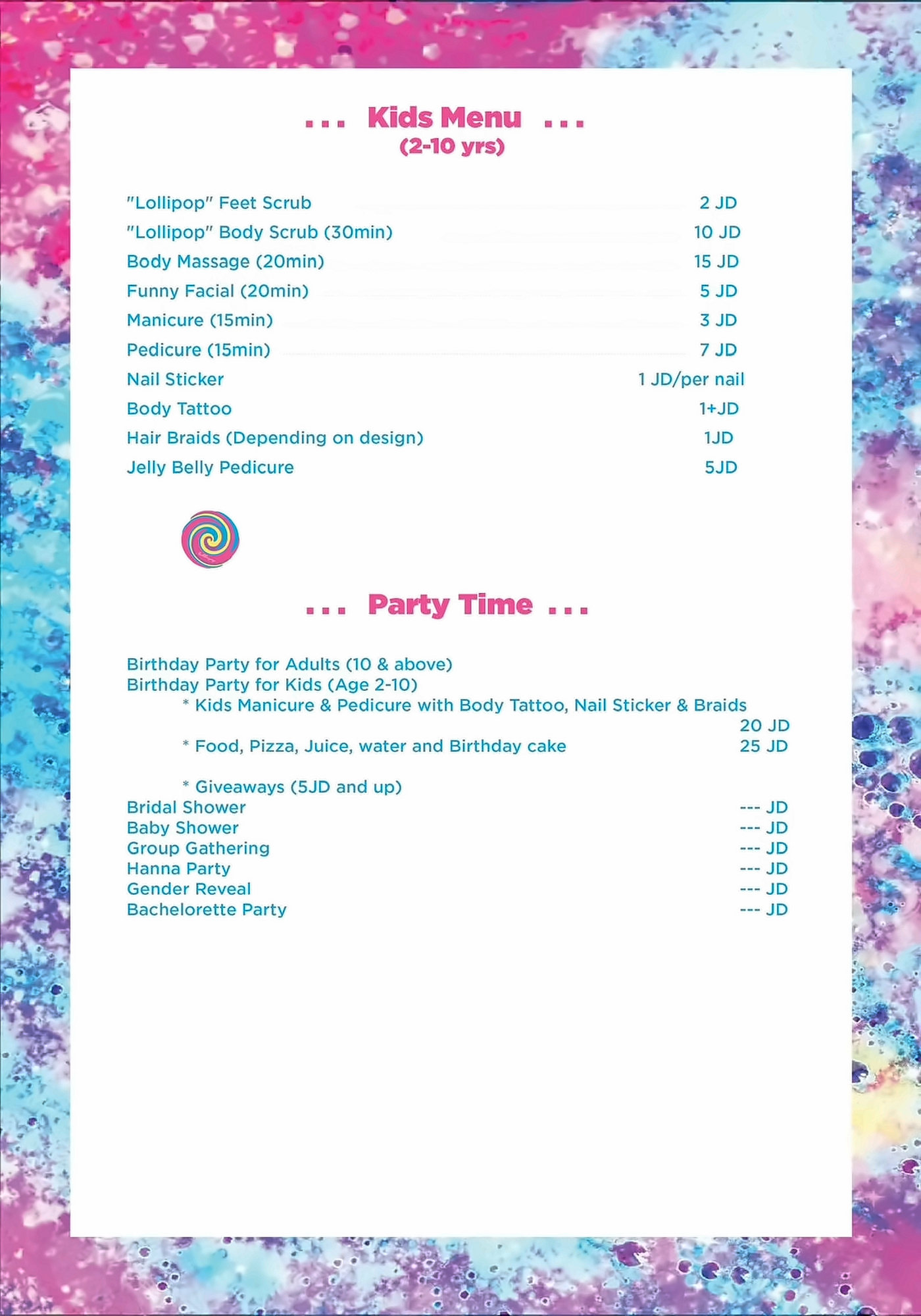 Lollipop menu: Kids Menu and Party Time