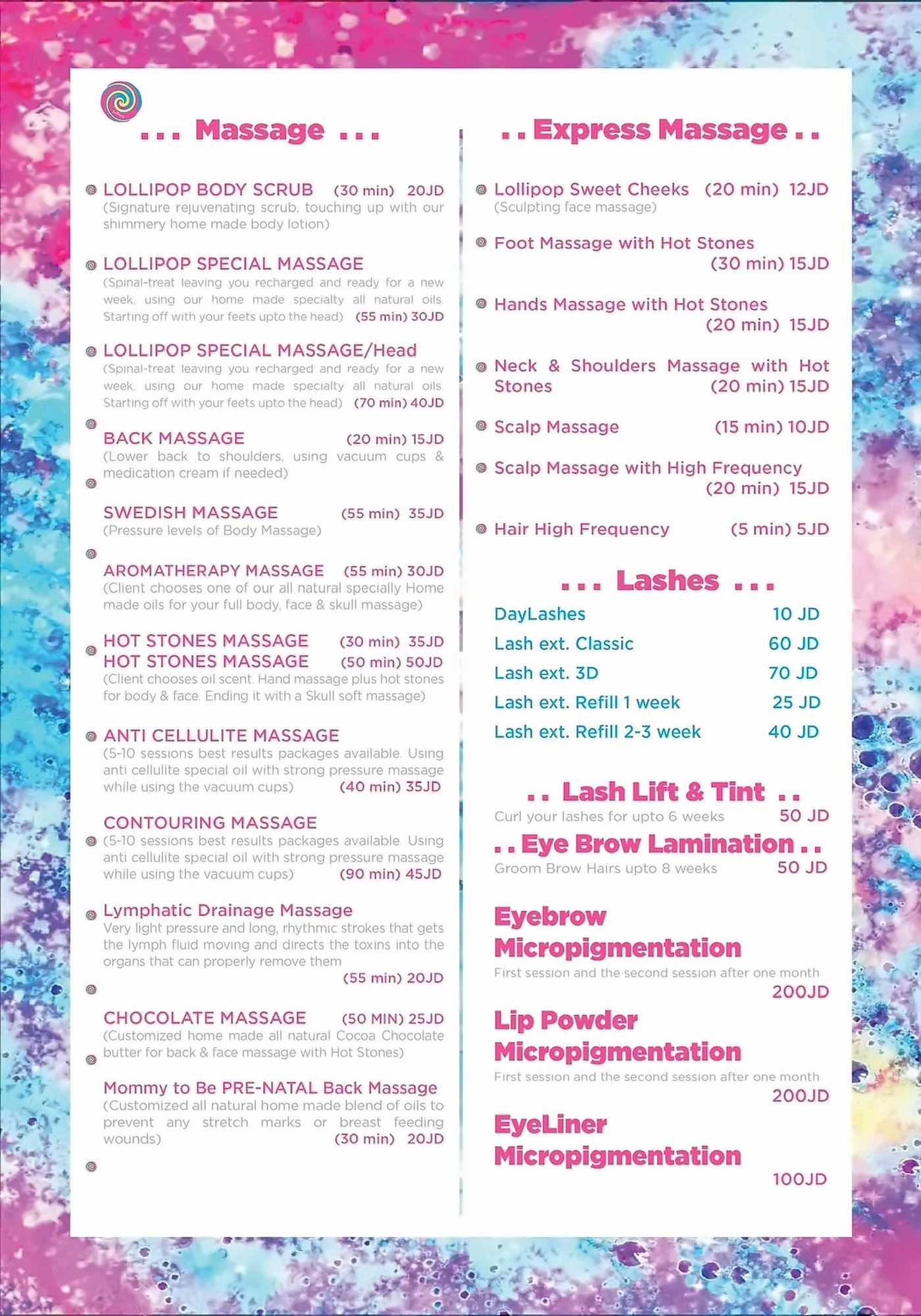 Lollipop menu: Massage, Express Massage, Lashes and Micropigmentation
