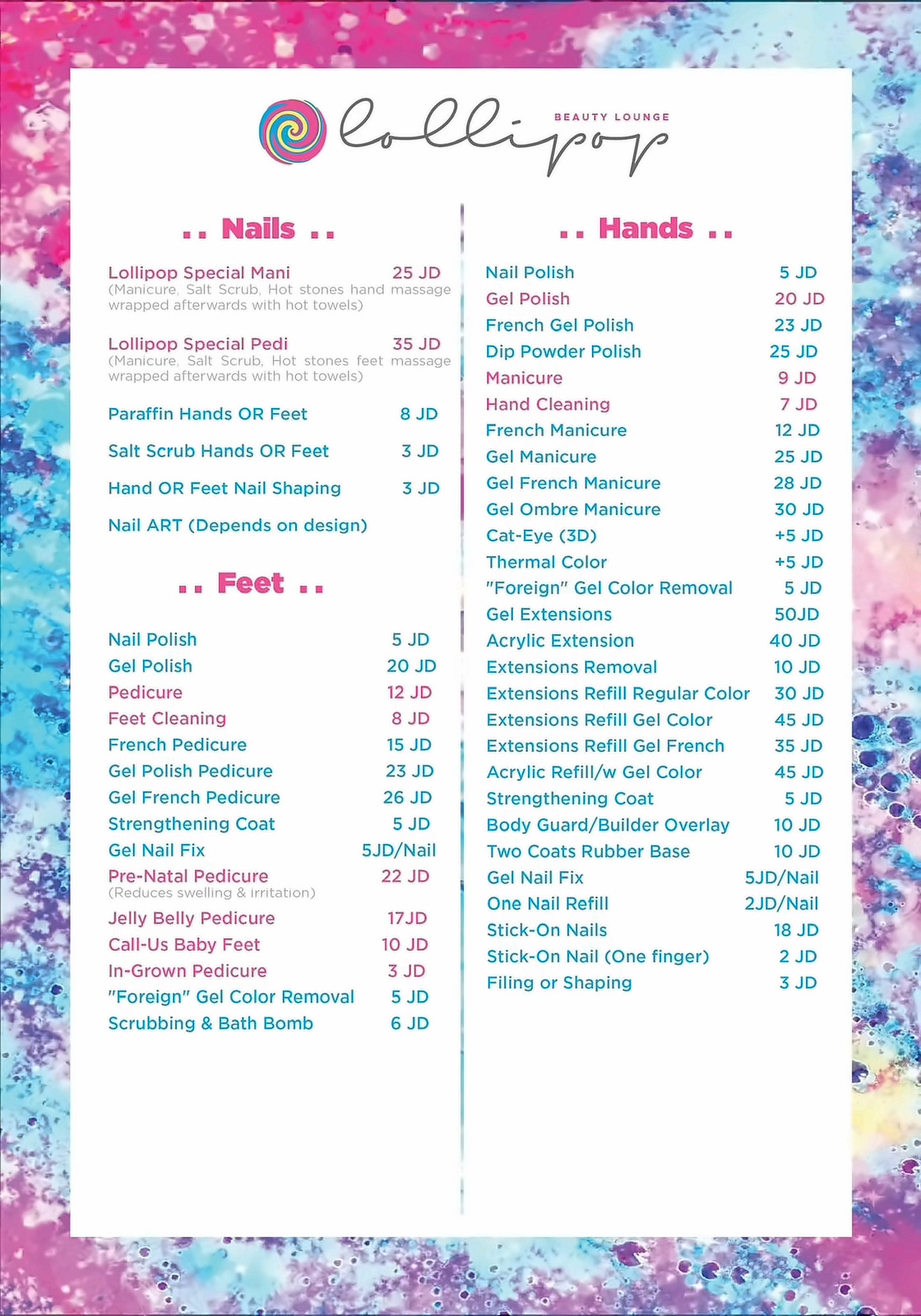 Lollipop menu: Nails, Feet and Hands