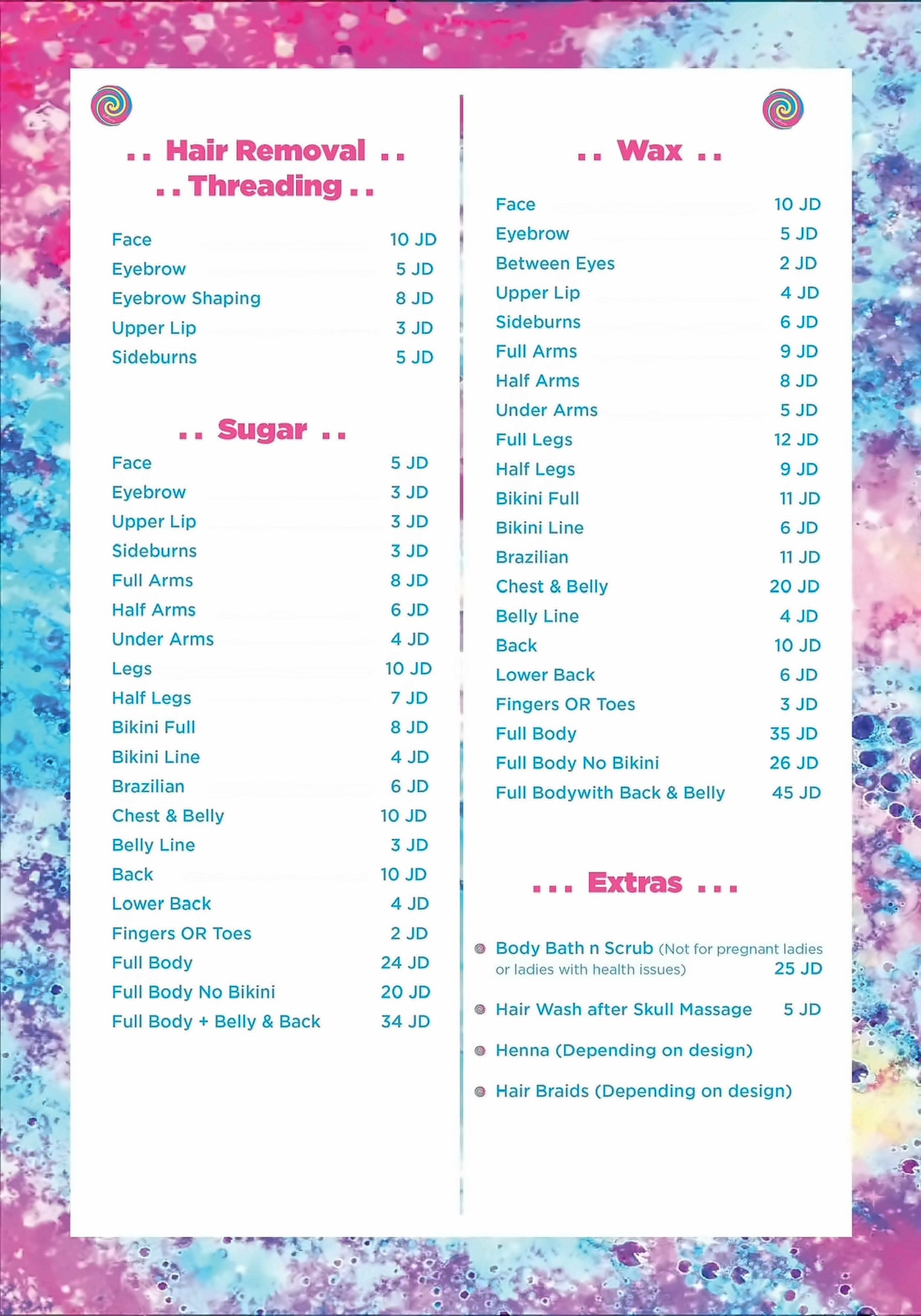 Lollipop menu: Threading, Sugar, Wax and Extras